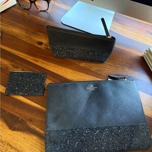 kate spade Black Glitter Accent Pouch Trio